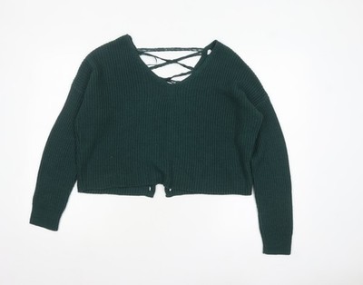 Miss Selfridge Damen grün V-Ausschnitt Schnürung Strickpullover Größe 8