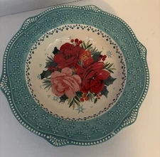 The Pioneer Woman Christmas Cheerful Rose 9.25" bowl Aqua blue Scalloped edge