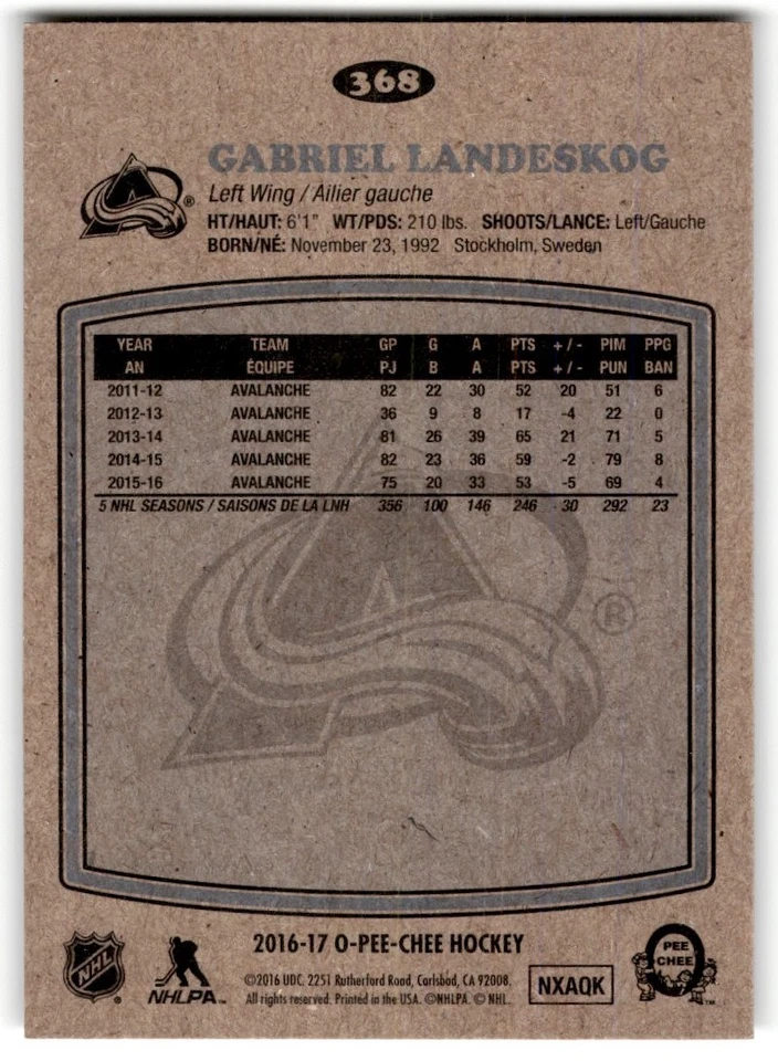 Gabriel Landeskog 2016-17 O-Pee-Chee Retro #368 Colorado Avalanche - Image 2 of 2