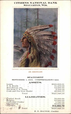 STOUGHTON WI Citizens Nat'l Bank AMERICAN INDIAN PAINTING BANKING AD PC