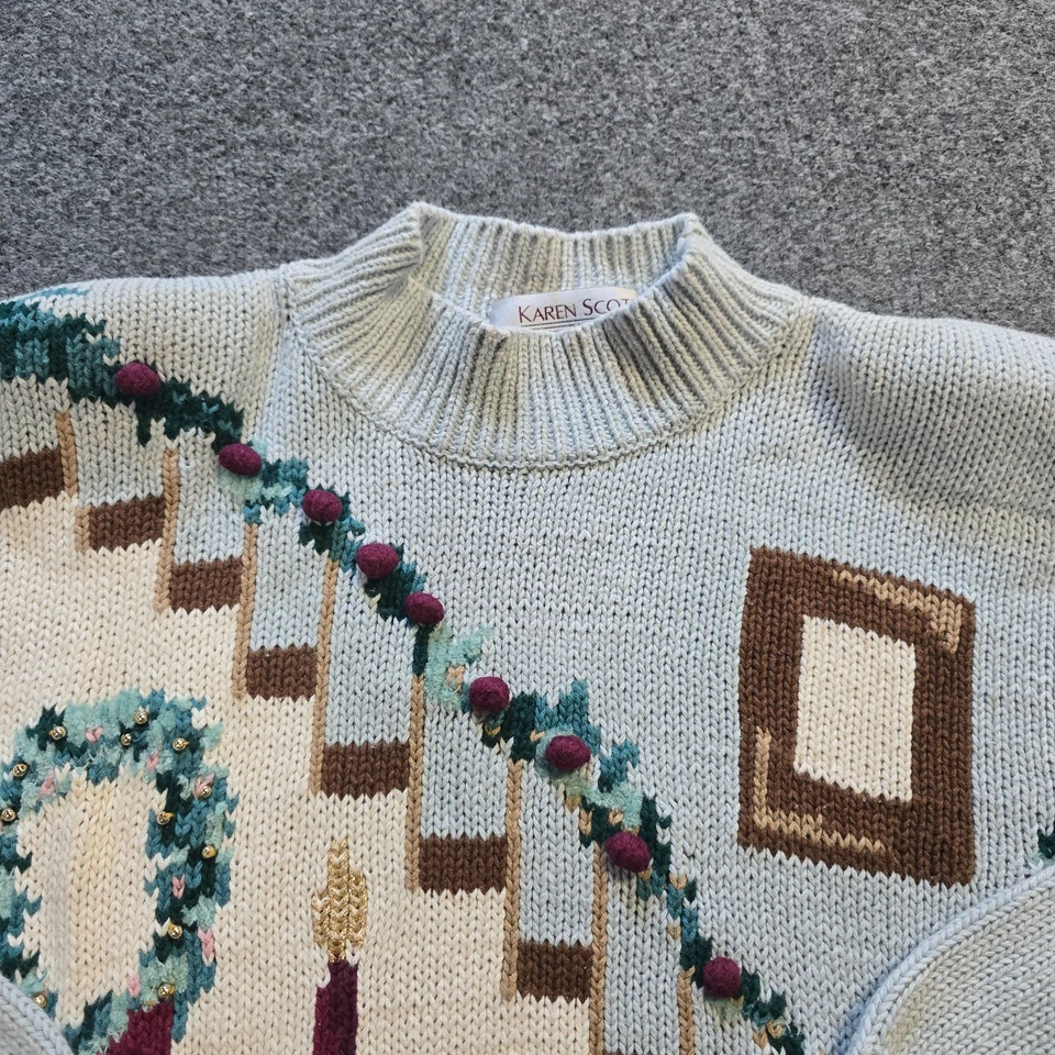 Suéter Karen Scott Mujer Talla Mediana Azul Árbol de Navidad Vacaciones Gato Años 80 Feo Foto 2 de 4