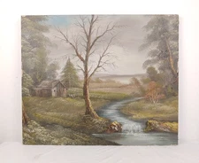 Vintage Cozy Rustic Country Cottage Woodland Stream Nature Springtime Landscape