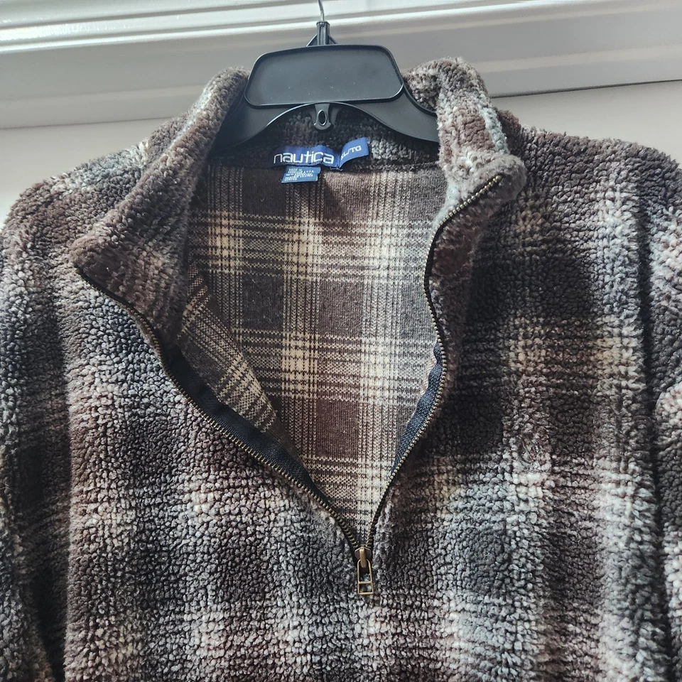 Pulôver masculino vintage Nautica quarto de zíper marrom cinza xadrez creme lã GG - Imagem 4 de 4