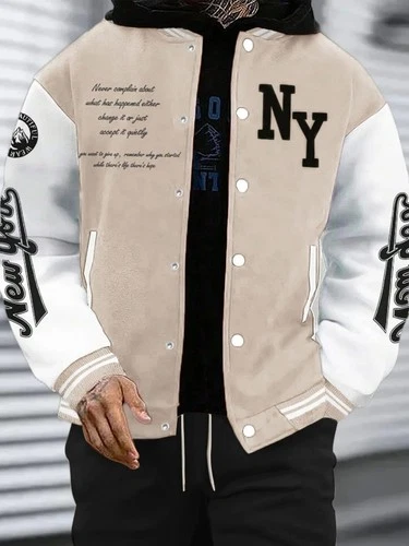 Men's NY Varsity Baseball Jacket Khaki White Letterman Colorblock Loose S-XXL - product listing photo