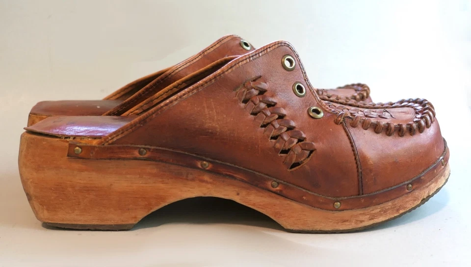 Zueco de madera vintage años 70 FanFare cuero talla 10 Foto 3 de 4