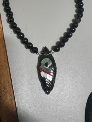 Jade Tecpatl Aztec Obsidian Pendant Flint Knife Obsidian Beaded Necklace (#12)
