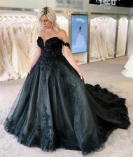 Gothic Black Plus Size Wedding Dresses Sparkly Beads Lace Appliques Bridal Gowns