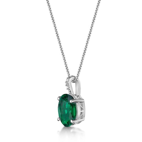 2.25 Ct Oval Green Emerald and Diamond Sterling Silver Pendant 18" Chain - Picture 2 of 8