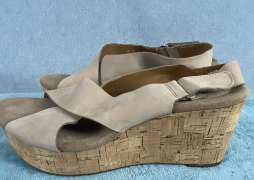 Clarks Sandal Women 9.5 Tan Wedge Platform Nubuck Leather Slingback Shoes - 第 1/8 張圖片