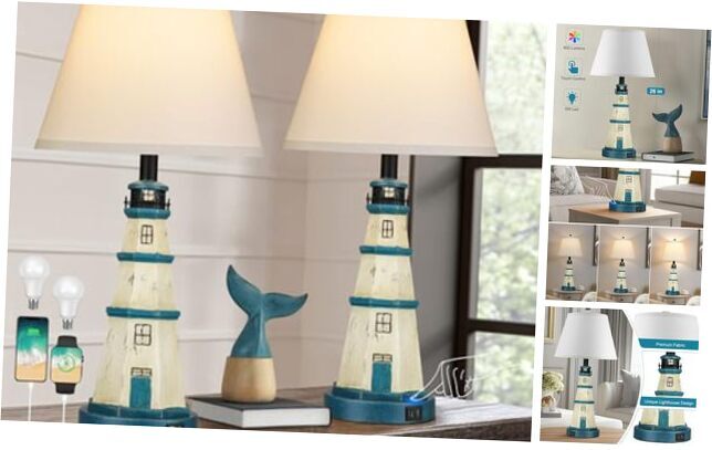 Table Lamps Set of 2, Bedside Lamps with Dual USB Charging Ports, Touch switch