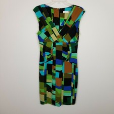 CALVIN KLEIN Faux Wrap Abstract Color Block Ruched Cocktail Dress ~ Sleeveless