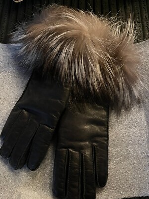 Women s RARE Black Leather Gloves Real Silver Fox Fur Opera Length Size Small