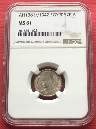 EGYPT , 2 PIASTRES  KING FAROUK 1942 NGC MS 61 ( BL ) , RARE