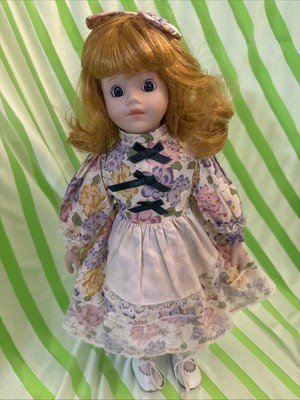 Porcelain Doll with Wavy Blonde Hair, Traditional Dress & Embroidered Apron