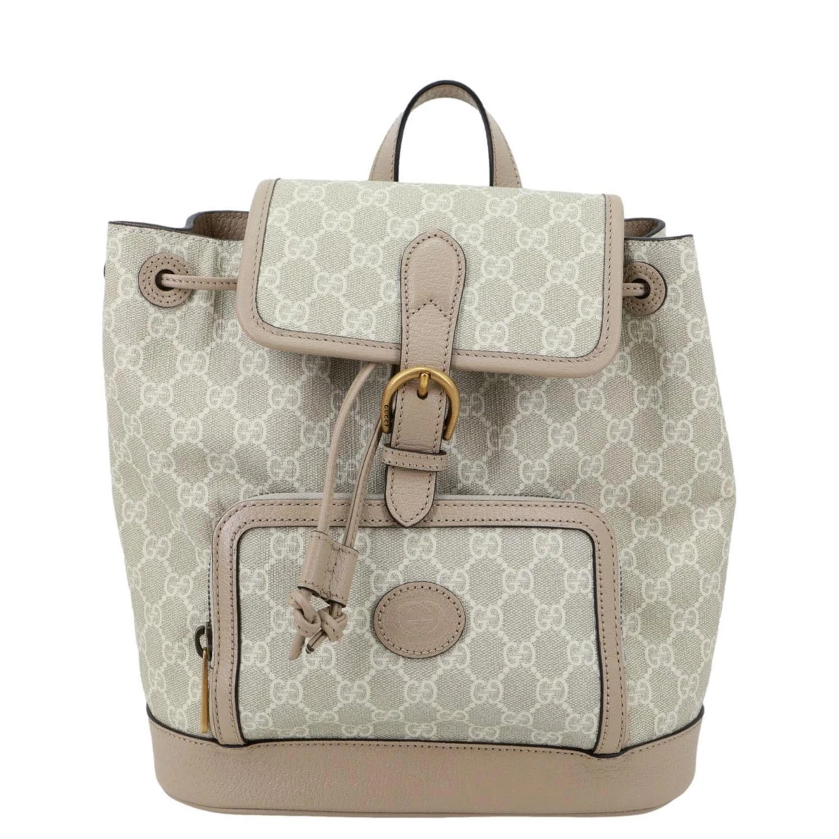Gucci  Flap Interlocking G Patch GG Supreme Canvas Drawstring Backpack Off White Gucci Interlocking G Patch Drawstring Flap Backpack GG  main image 2