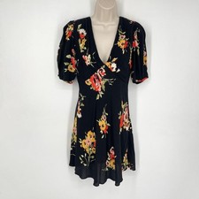 Free People Neon Garden Floral Mini Dress Sz 4 Black Multi Short Sleeve V-Neck