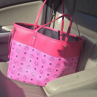 MCM Pink Monogram Logo Large Tote Bag with Detachable Pouch, Gold Hardware
