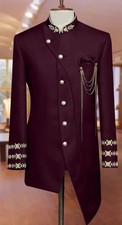 Burgundy Men Suit with Cape Gold Floral Streetshot Wedding Long Jacket Hosting