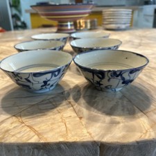 Antique Late 19th Century Chinese Blue and White Porcelain Bowls Set 6 Signed