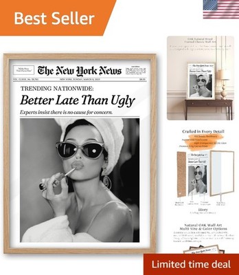 Natural OAK Wood Audrey Hepburn Newspaper Trendy Framed Wall Art, 12x16 in Vi...