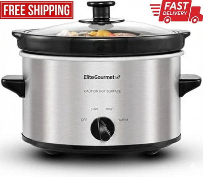 Electric Oval Slow Cooker 2 Quart Adjustable Temp Glass Lid Stainless