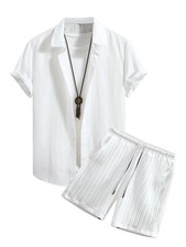 Men's 2 Piece Outfits Short Sleeve Button Down Shirt and Textured Drawstring ...