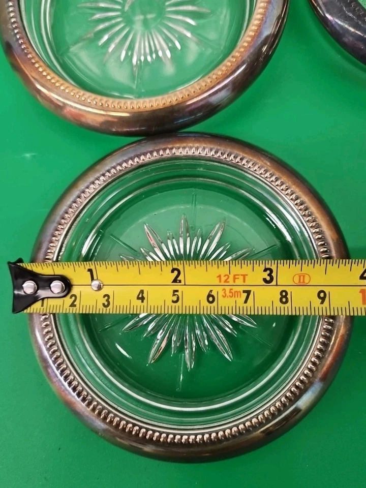 Vintage Italian Glass Starburst Coasters Silver Plate Beaded Rims set 4 Wine - Image 4 of 4