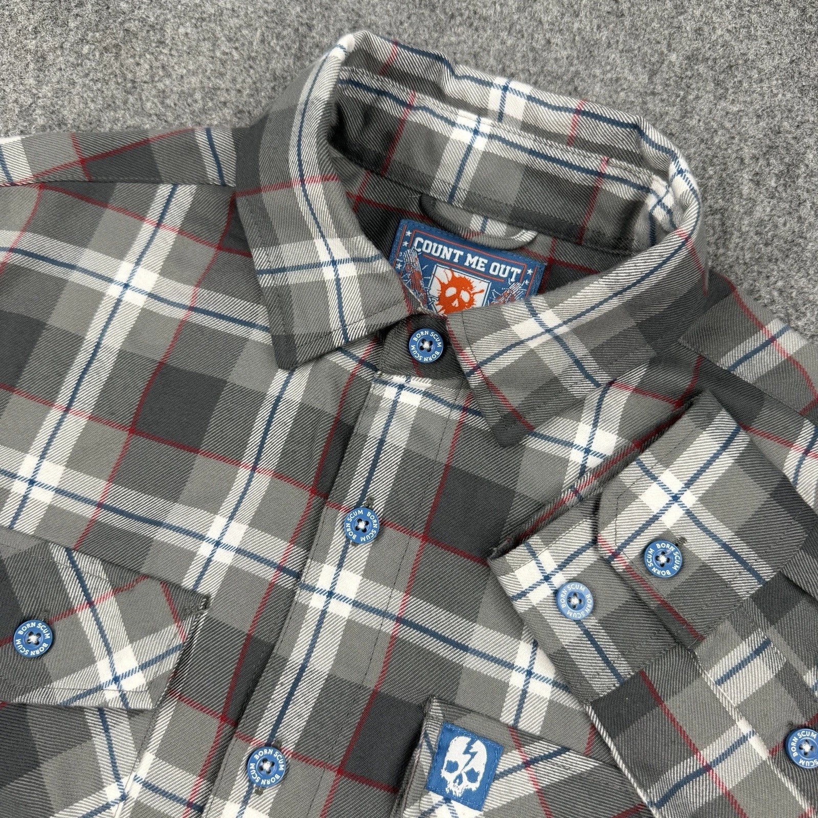 Born Scum Count Me Out Flannel Shirt Mens Small Gray Plaid Long Sleeve - product detail image 1