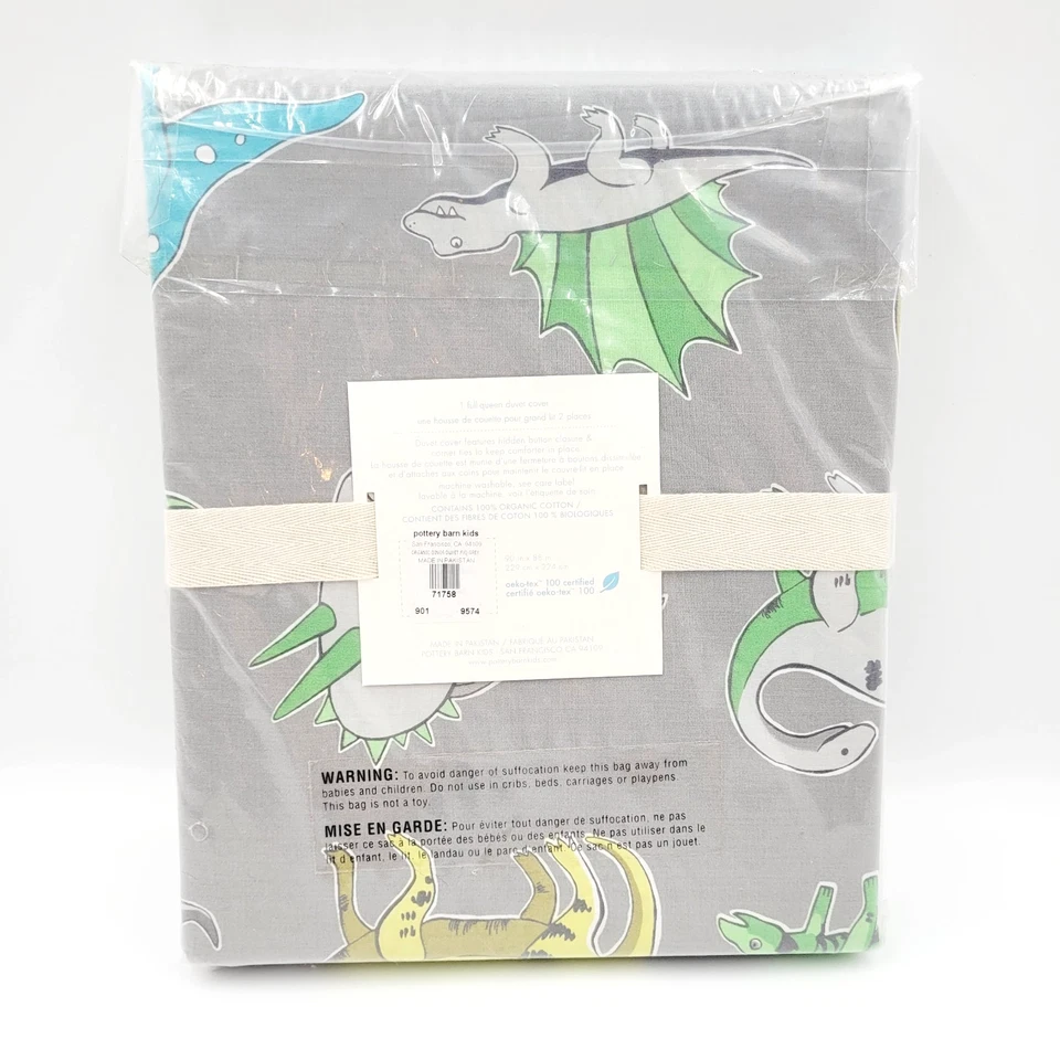 Funda nórdica Pottery Barn Kids dinosaurio dinosaurio algodón orgánico completa/gris reina NUEVA Foto 2 de 2