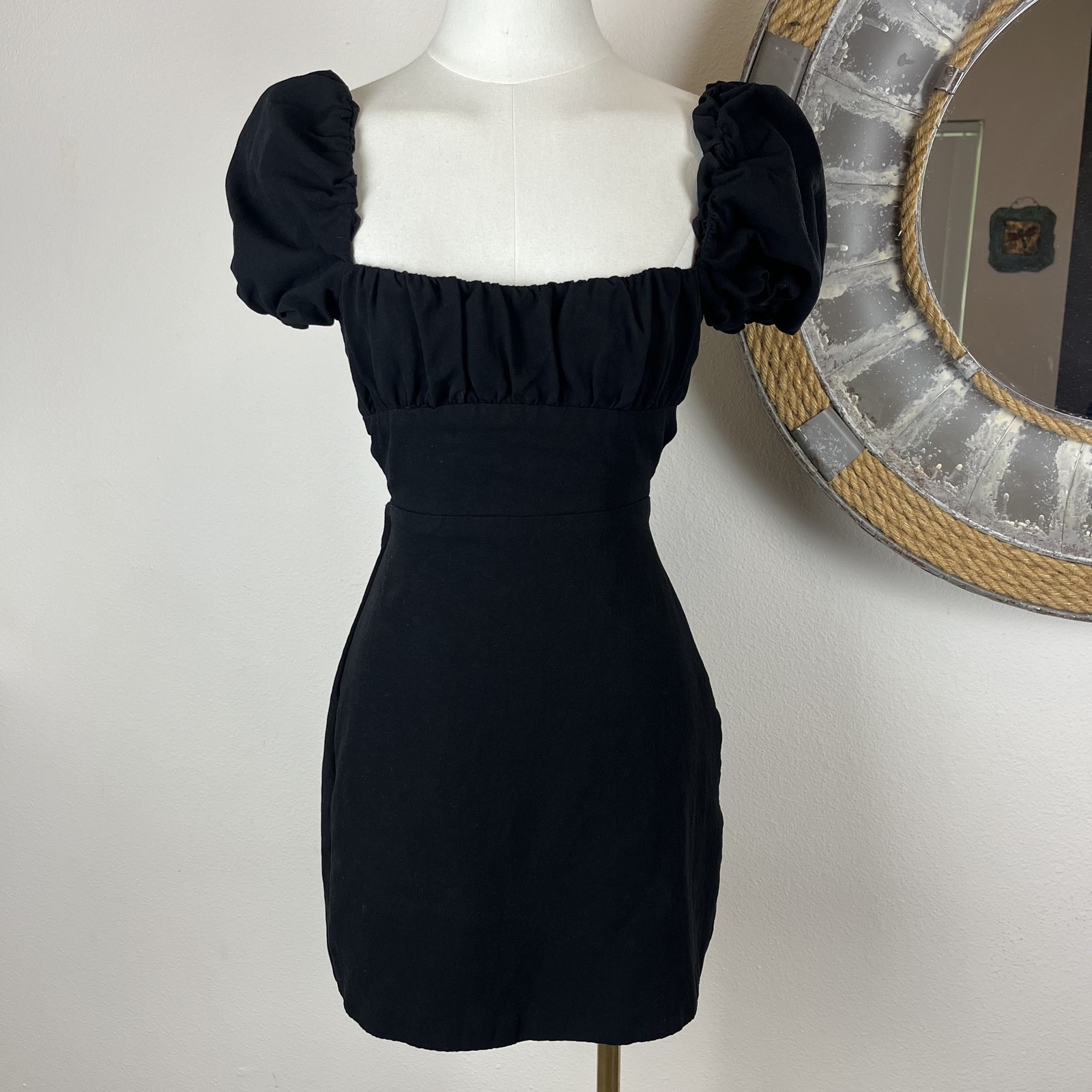 Zara Dress Womens Extra Small Black Puff Sleeve Lace Up Back Mini Party Cocktail