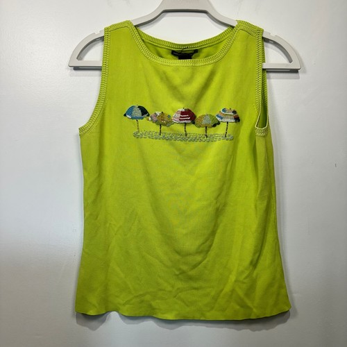 Sweaterworks Knit Tank Top Beaded Umbrellas Sleeveless Chartreuse Green Womens L - Picture 2 of 5