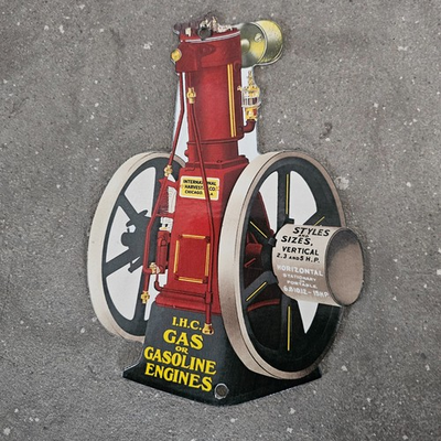 #ad VINTAGE DIE CUT GAS OR IHC OLD US GASOLINE OIL GAS PUMP ENAMEL PORCELAIN SIGN $149.99