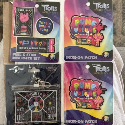 TROLLS WORLD TOUR (2) Iron-on Patches, 1 Peel &stick Patch, Lanyard Pouch, Pins