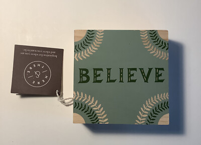 Here & There Wood Block  Believe  Farmhouse Decor Sage Green & Cream Color #136B