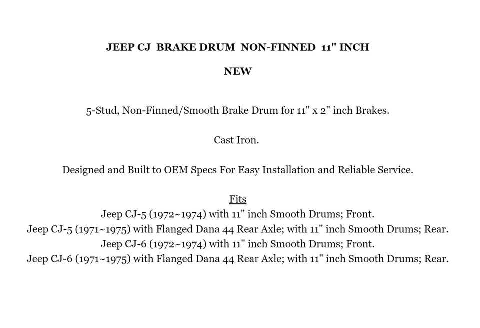 JEEP CJ BRAKE DRUM 11" INCH NON-FINNED NEW FOR 1971~1975 CJ5 CJ6 | eBay ...