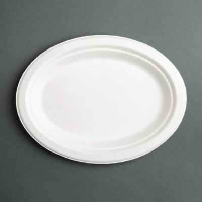 Fiesta grüne ovale Teller in weiß - kompostierbare Bagasse - atmungsaktiv - 198 mm