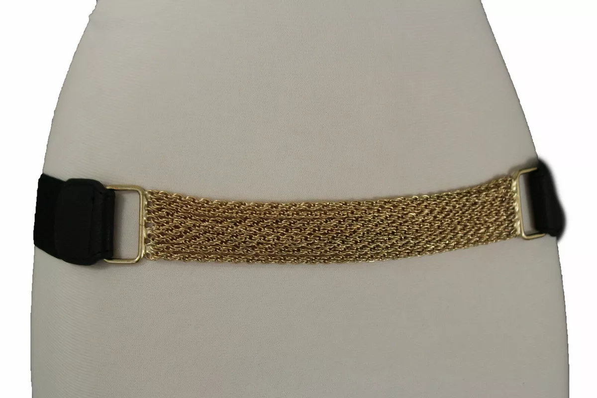 Cute Women Black Faux Leather Dressy Belt Bling Gold Meal Chain