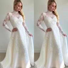 Classic Wedding Dresses Long Sleeve High Neck Lace Applique A-Line Bridal Gowns