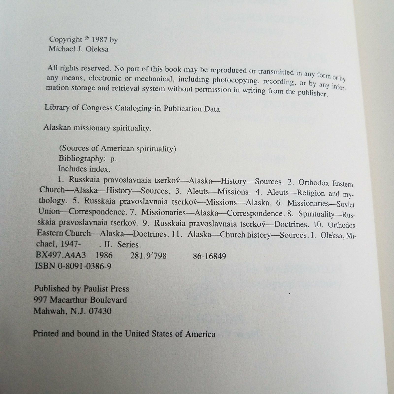 Alaskan Missionary Spirituality by Michael J. Oleksa 0809103869 eBay