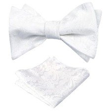 Mens Paisley Jacquard Self-Tie Bow Tie Pocket Square Set White