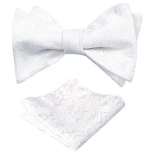 Mens Paisley Jacquard Self-Tie Bow Tie Pocket Square Set White