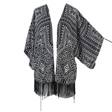 INC Sz L Black White Kimono Sleeve Fringe Detail Open 100 Polyester Wrap