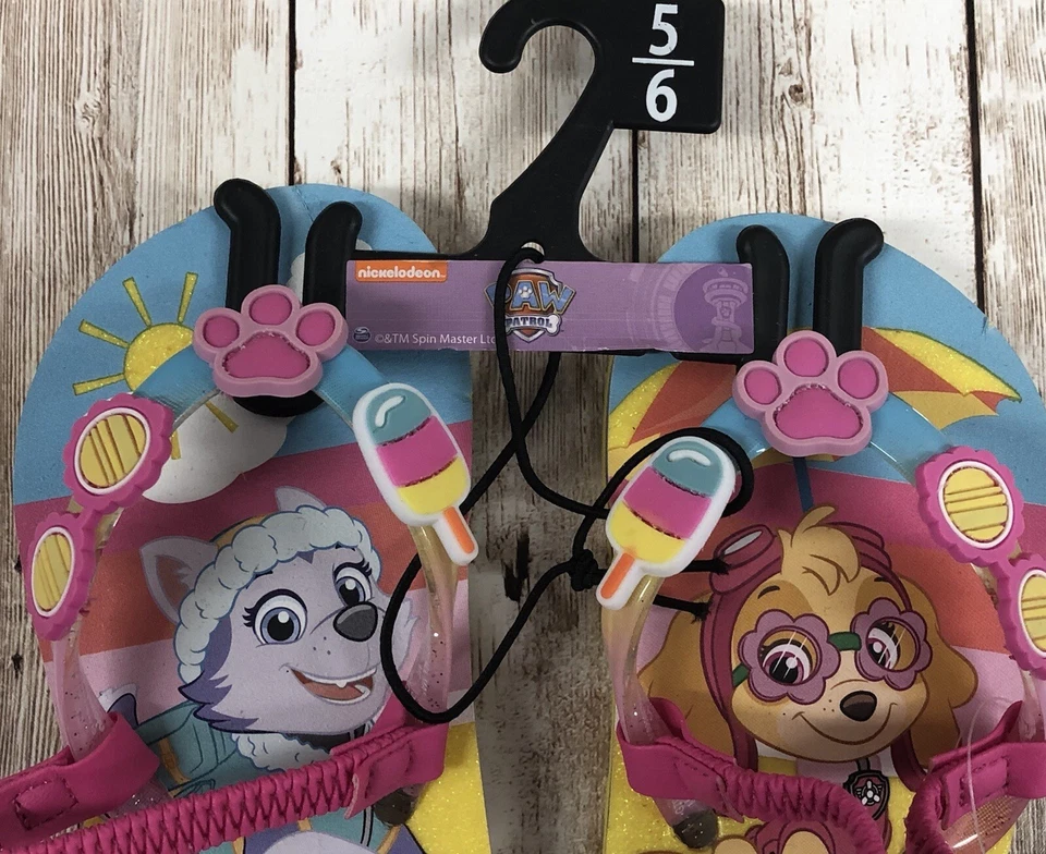 New Little Girls Paw Patrol Flip Flops Sandals Pink Summer Beach Skye Size 5-6 - Image 3 of 4