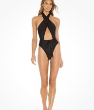 PQ Swim Midnight Black Alex One Piece Suit Waist Tie Cut Out Open Back, M, NWOT