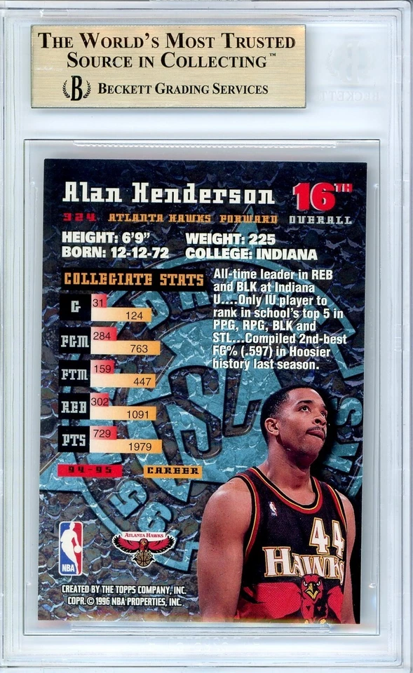 POP 1: Alan Henderson RC BGS 9.5: 1995-96 Stadium Club Rookie Card Gisto #324 - Image 2 of 3
