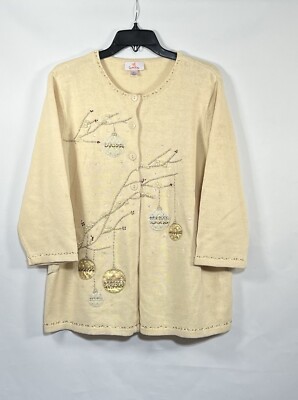 QUACKER FACTORY IVORY CHRISTMAS SWEATER PEARL ORNAMENTS EMBROIDERED 3/4Sleeve XL