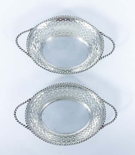 Sterling silver Edwardian pair 2 bonbon baskets table salts rope twist borders - Picture 6 of 12