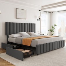 Queen Linen Upholstered Platform Bed Frame with Headboard and 4 Storage Drawer