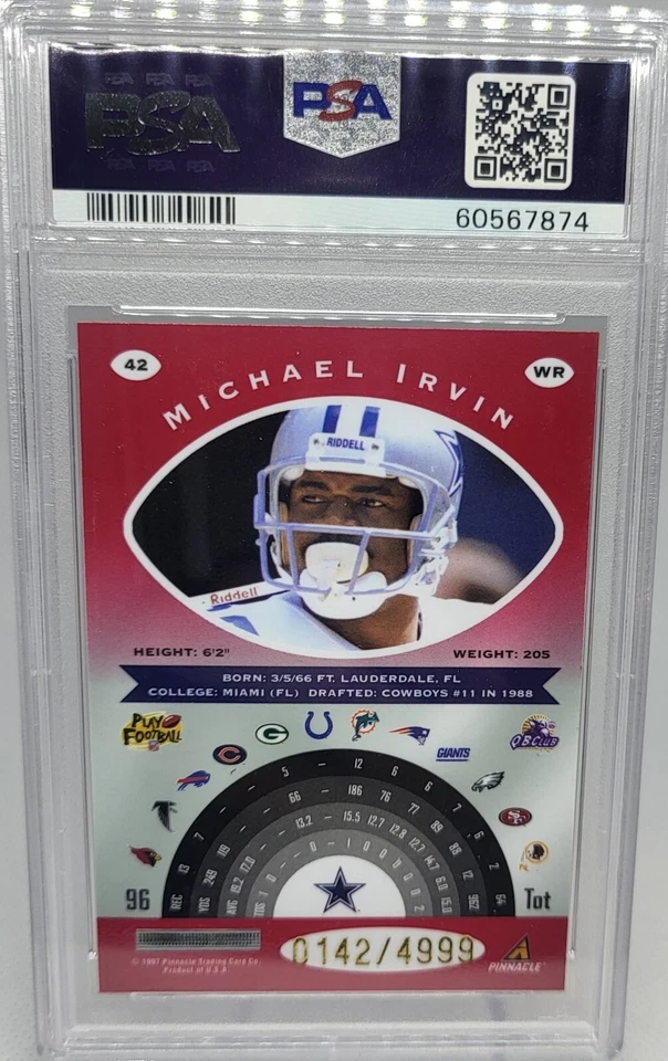 1997 Pinnacle Totally Certified #42 Michael Irvin Platinum Red PSA 9 POP 2 #4999 - Image 2 of 2