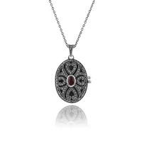 Jugendstil Stil Oval Granat & Markasit Medaillon AnhäNger In 925 Sterlingsilber